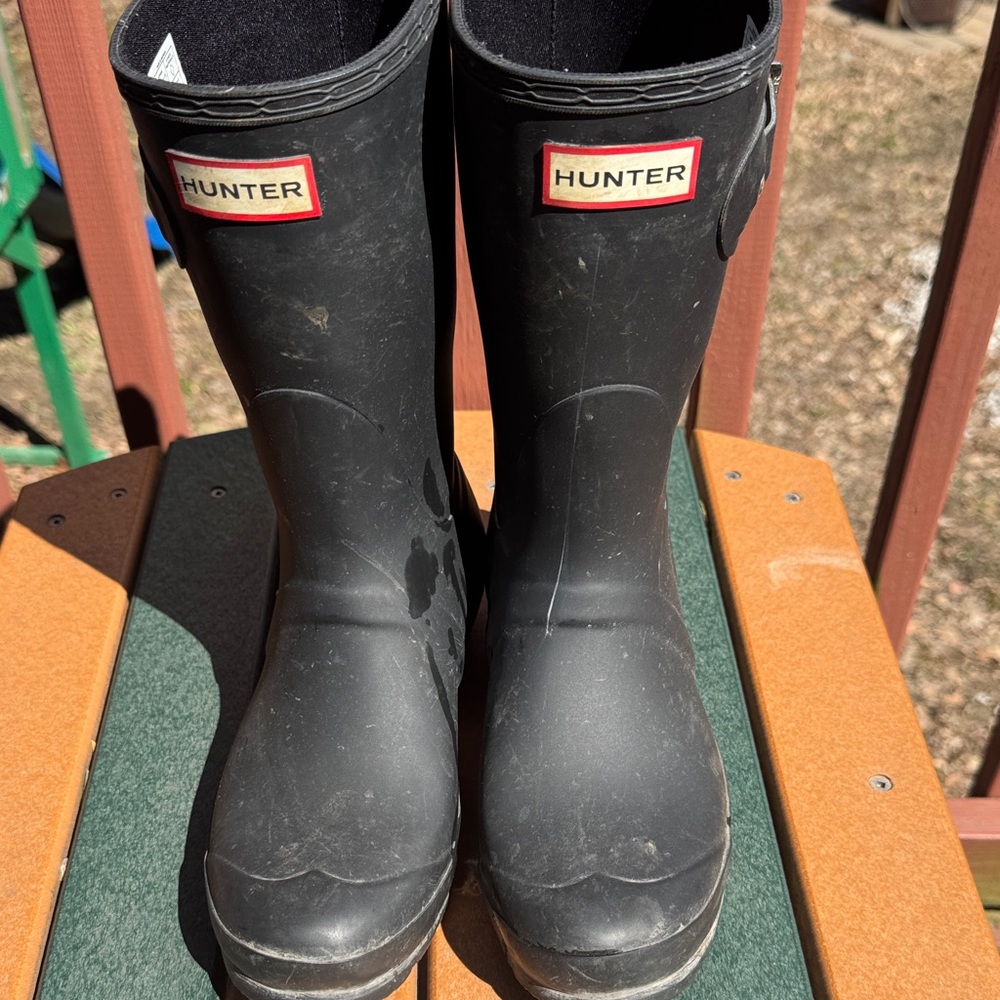 Hunter Black Matte Tall Rain Boots with Red Logo Trim